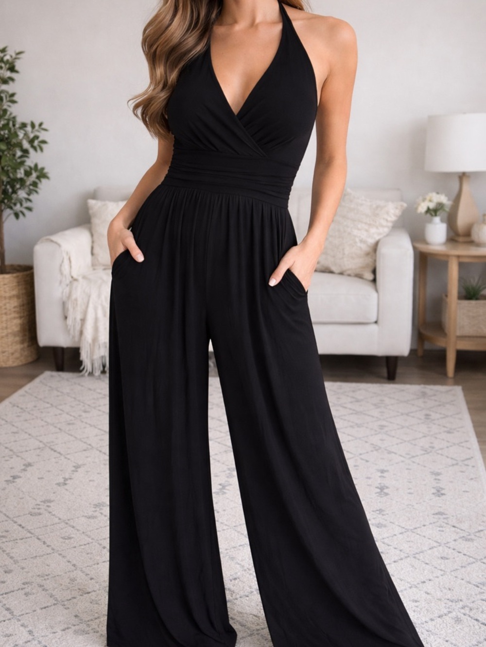 New Directions Black Halter Wide Leg Jumpsuit NWT Size 12P Petite Flowy